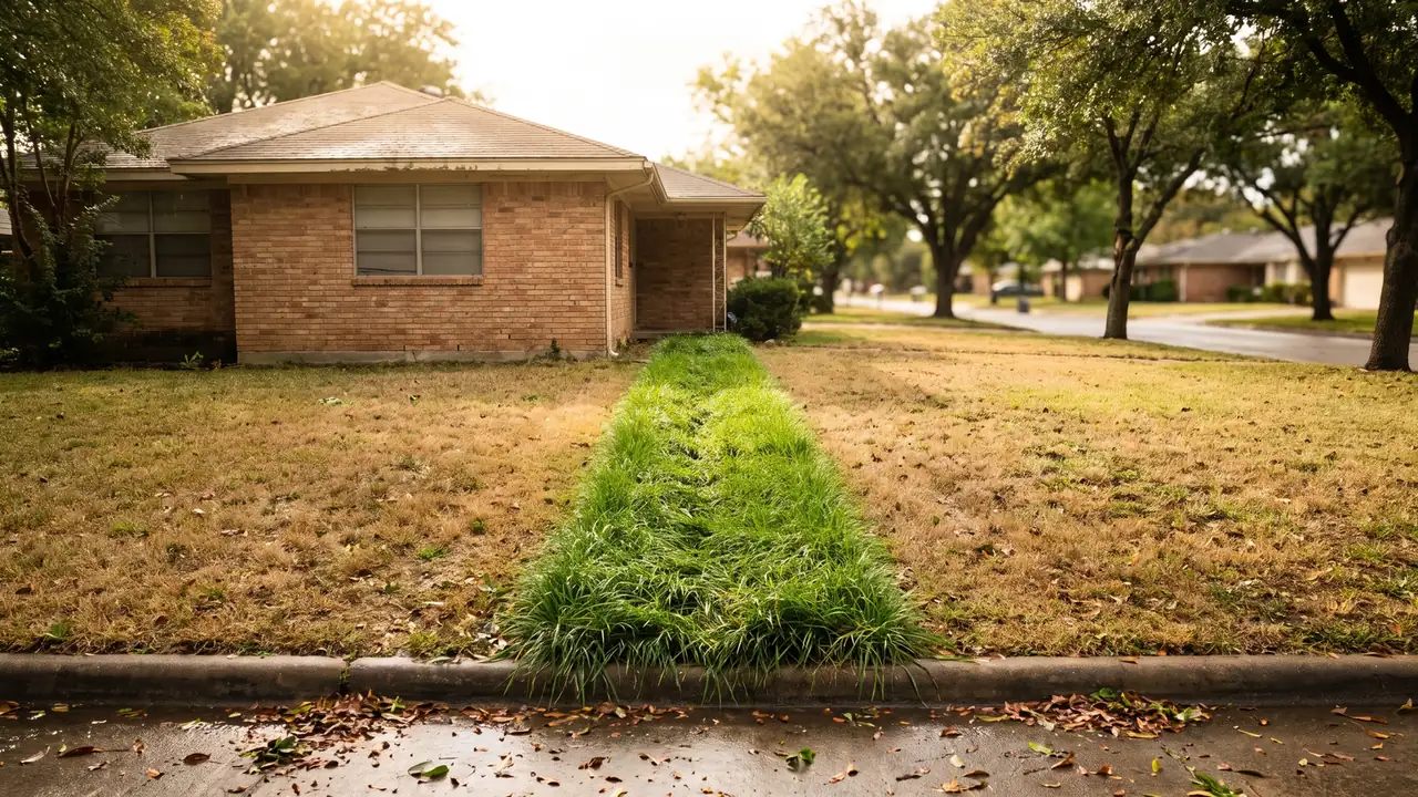 Bright green stripe of lush grass tracing a line across a front lawn