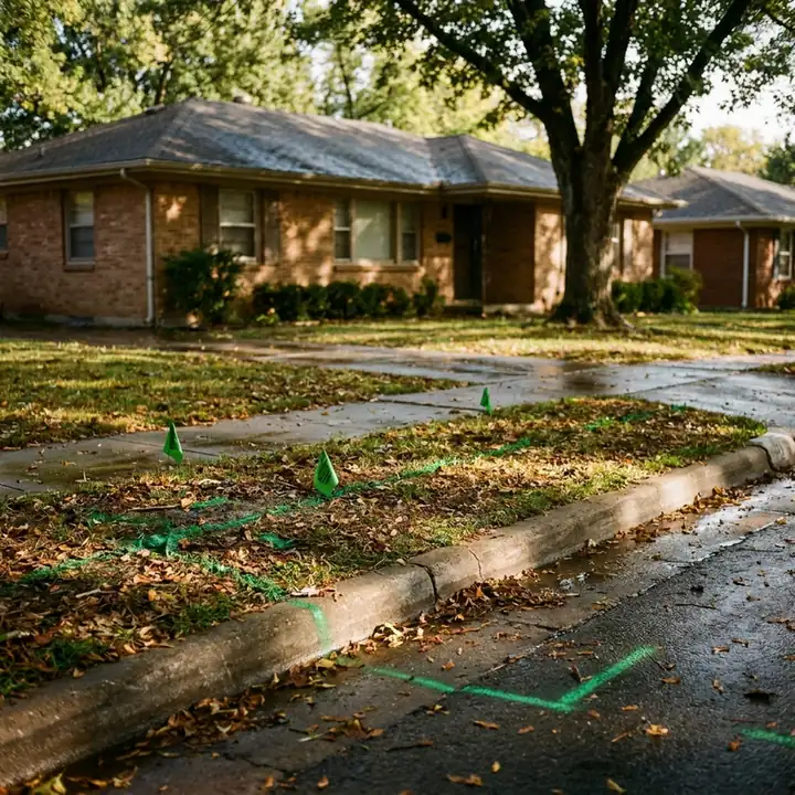Curb and parkway strip in front of a house with utility locate marks on the asphalt
