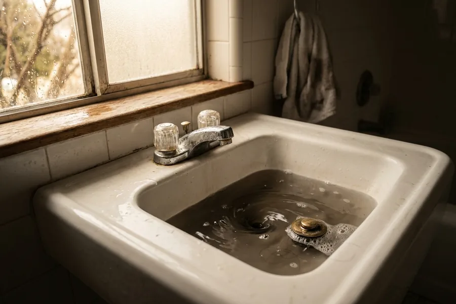 Bathroom sink draining slowly with water halfway up the basin