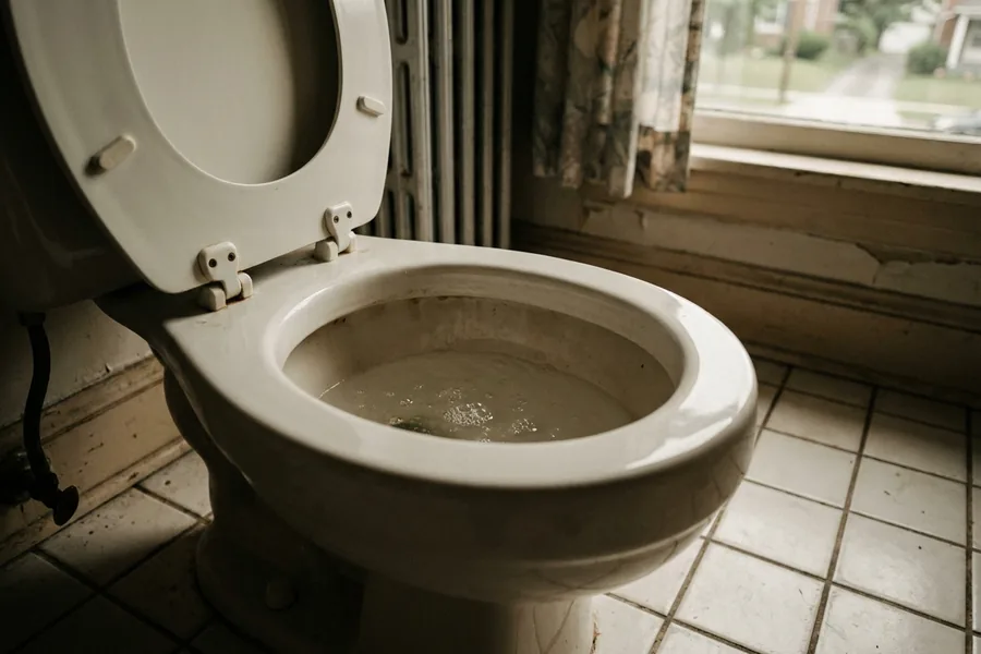 Toilet bowl with air bubbles rising through the water