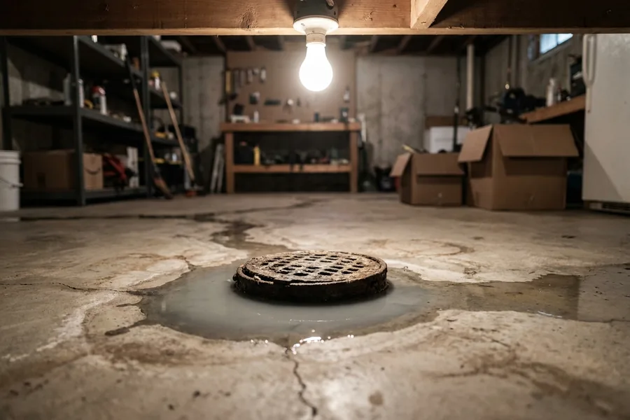 Basement floor drain backing up onto bare concrete