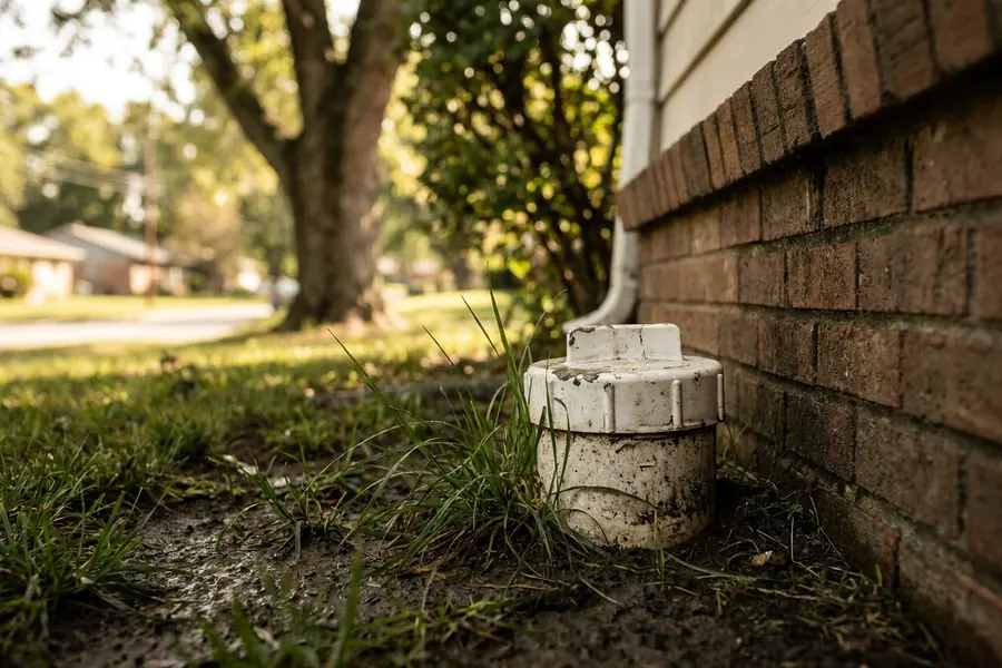 White sewer cleanout cap in a lawn near a foundation
