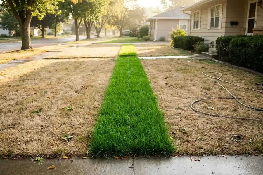 Stripe of unnaturally bright green grass across a dry lawn
