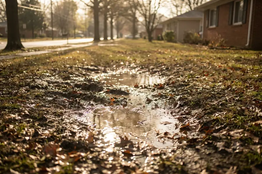 Sunken, waterlogged strip of ground running across a lawn