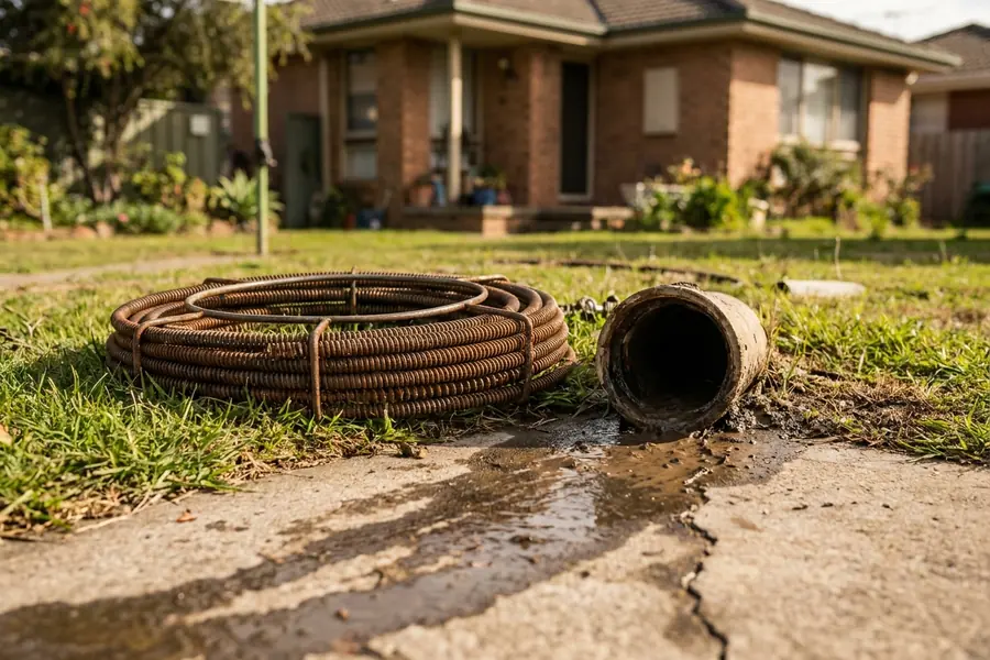 Drain auger cable coiled on the grass beside an open cleanout