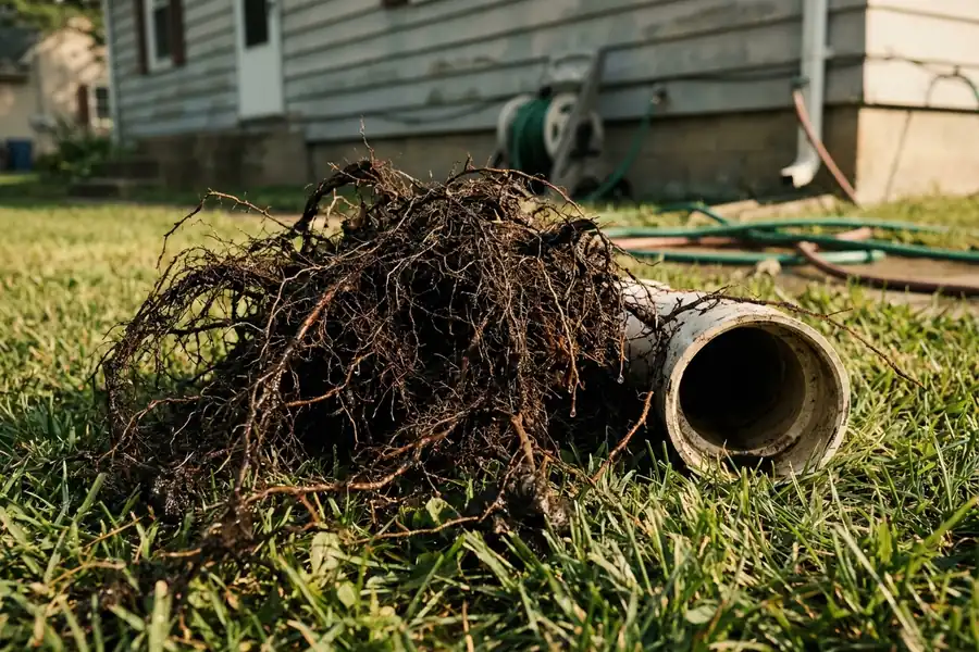 Mass of fine tree roots pulled from a sewer pipe lying on a lawn